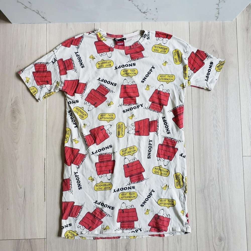 Zara Dress Womens S Beige Red Snoopy Woodstock Graphic T-Shirt Casual Mini‎